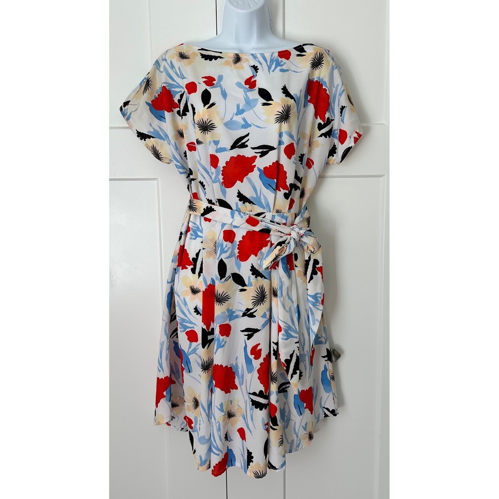 eShakti Floral Fit and Flare Dress White Red Blue Belted Size M 10 CL0040529